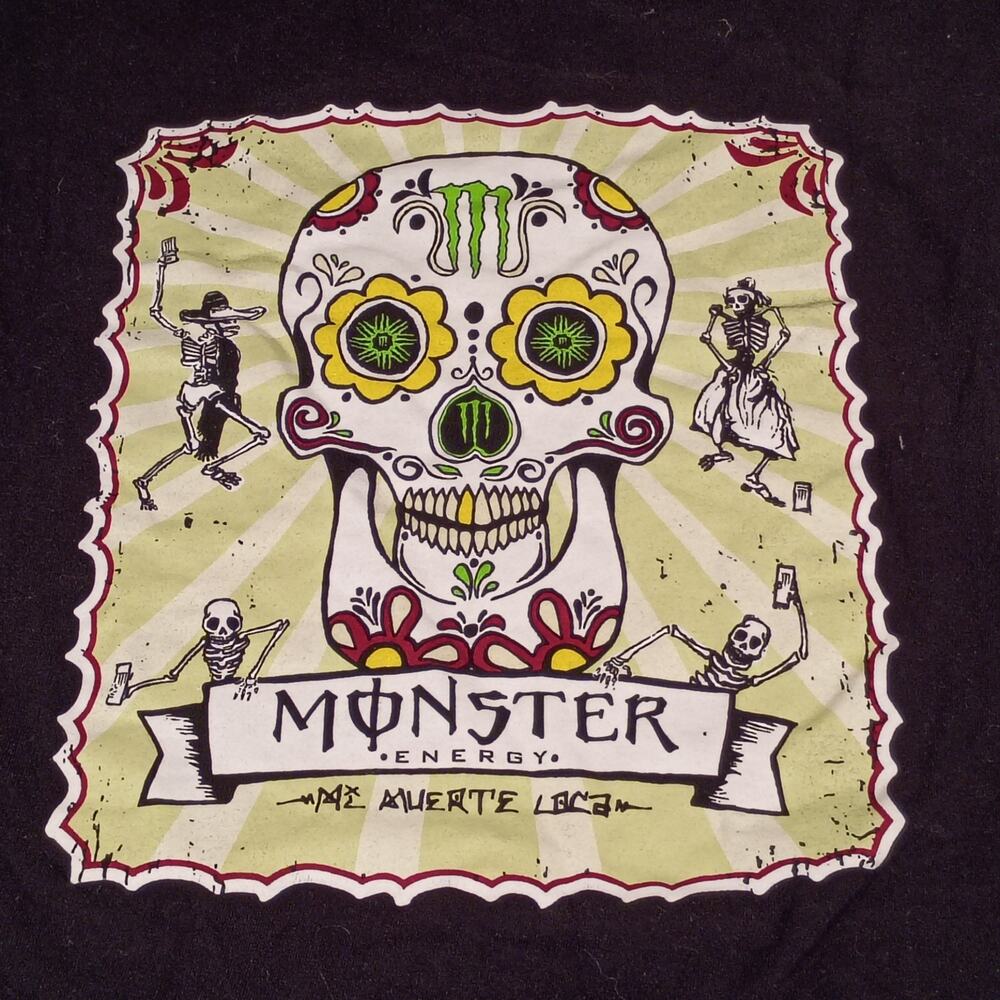 Monster Energy Mens XL T-Shirt Black Sugar Skull Mi Muerte Loca Graphic Tee